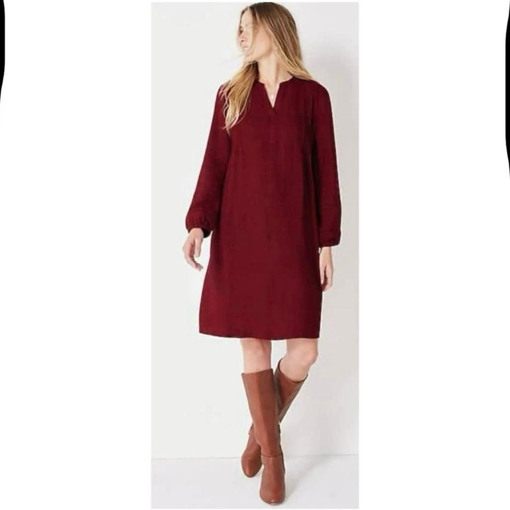 J. Jill Burgundy Brushed Twill Pintucked Mini Dress NEW Small Long Sleeve